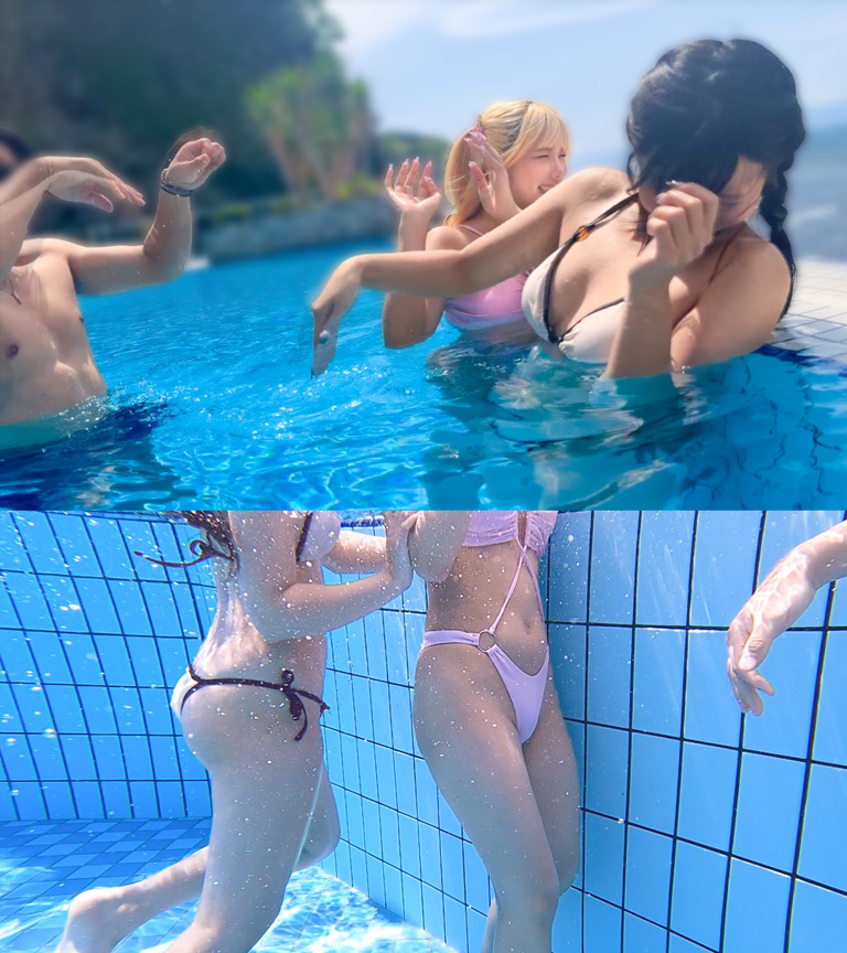 【夏に輝く美尻っ娘×2と酒浴び暴走乱パ】プール旅行を楽しむ童顔キュートな金髪ギャル＆黒髪痴女と3P中出しパーティー開催☆親友だから酒漬けチ●ポも仲良くシェア♪互いの体でオナり合うほど友情深い2人の穴をヌルぐちゃローテハメ食らい！！気づけば8月終盤…夏最後のオカズは水着美女で決まりっしょ！【水着っ子ナンパ】【なぎ いおり】 008